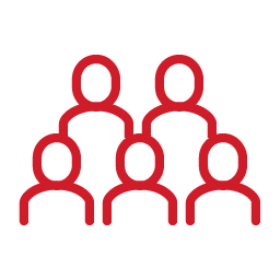 Red line graphic of a group of 5 human figures